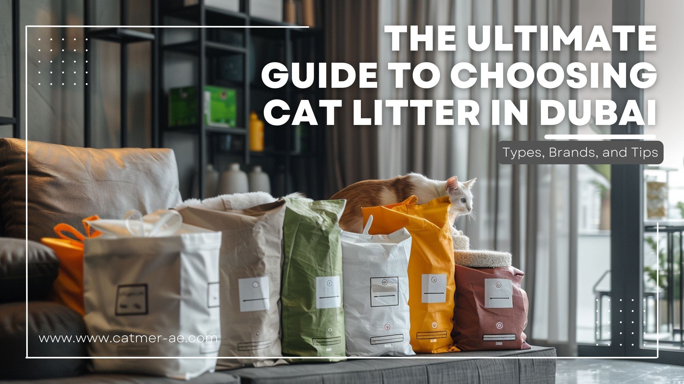 An assortment of Catmer's premium cat litter products artfully arranged in a modern, chic Dubai apartment, reflecting the luxurious and eco-conscious lifestyle of the city's pet owners. The image showcases neatly stacked b